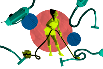 Sketch design photo collage of french aristocracy feather accessory elegance young sexy lady stand hold vacuum cleaner tube cultural blend