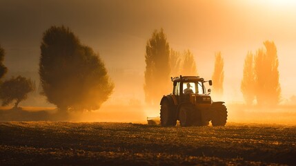 Agricultural machinery operates on cultivated land during a misty sunrise