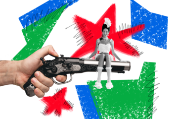 Art trend photo collage of happy duchess girl sit hand hold weapon pistol shot killer colorful design stars rococo castle era