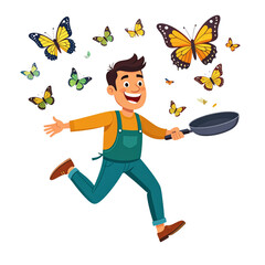 Vector PNG of a crazy man chasing butterflies with a frying pan, full of humor and energy, perfect for whimsical, comedic, and animated project themes