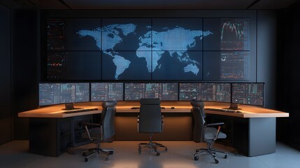 Modern command center features multiple displays showing global data and financial charts