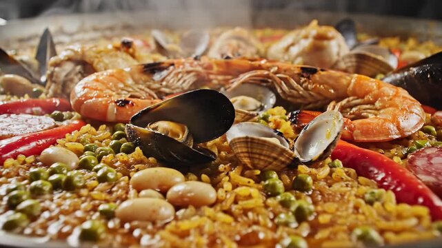 Squeezing Lemon onto a Traditional Spanish Seafood Paella Cooking on an Open Fire.