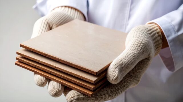 Worker Holding Ceramic Tiles Samples with Protective Gloves in Manufacturing Facility