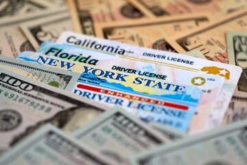 California, Florida and New York state driving licenses among big amount of US dollar bills close up