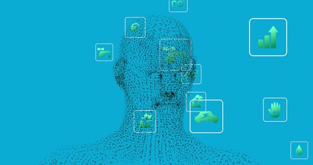 Standing binary-digit bust against turquoise interface, with floating frames holding green icons