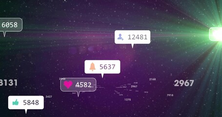Floating social media icons displaying numeric counters in purple starfield, with green lens flare
