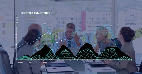 Executives analyzing projections at conference table in glass office, with laptops data overlay