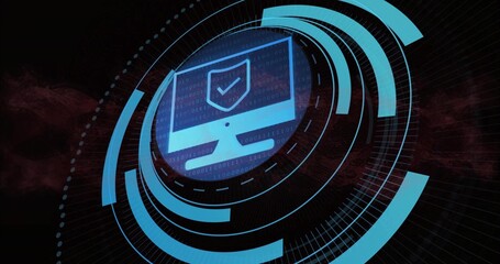 Displaying computer monitor icon showing shield and checkmark in cyberspace with binary code