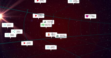 Floating cluster of notification icons glowing in 3D network space, with grid lines and lens flare