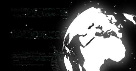 Fototapeta premium Glowing white digital globe spinning at right, with alphanumeric code and data patterns, copy space