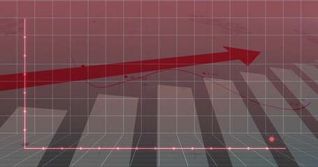 Red arrow trending upward in grid background with gridlines, grey stripes, pink nodes