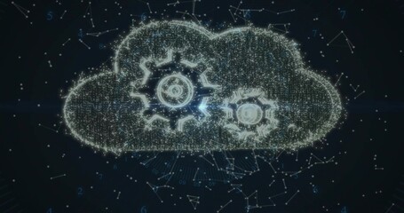 Digital cloud shape forming in data network interface, with glowing data points and gear icons