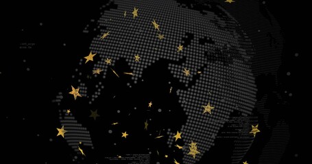 Fototapeta premium Displaying dotted globe silhouette floating on dark grid, featuring gold stars and code fragments
