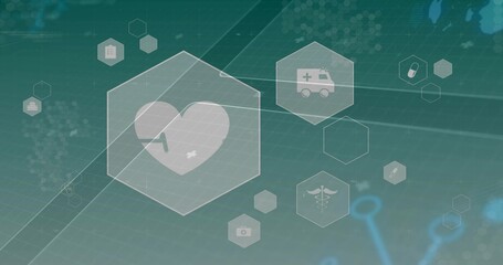 Floating hexagon carrying heart EKG on interface screen, with medical tech icons, copy space
