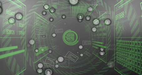 Pulsing data hub showing scrolling numbers inside data tunnel, with user icons and wireframe panels