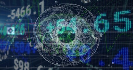 Displaying 3D wireframe sphere rotating on trading interface, with candlestick charts and tickers
