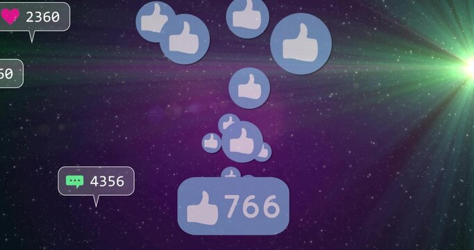 Naklejki Floating social icons rising in purple galaxy, with 766 thumbs-up, 2360 heart, 4356 chat counters