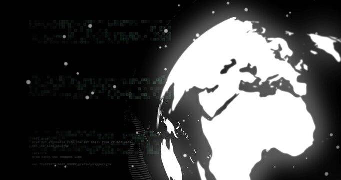 Naklejki Glowing white digital globe spinning at right, with alphanumeric code and data patterns, copy space