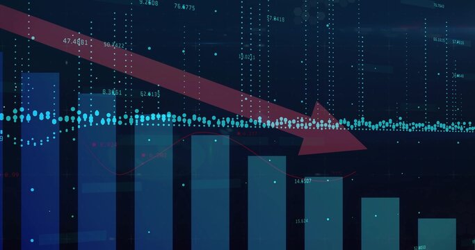 Indicating negative trend red arrow slanting down on finance dashboard, with bars and data points - Powered by Adobe