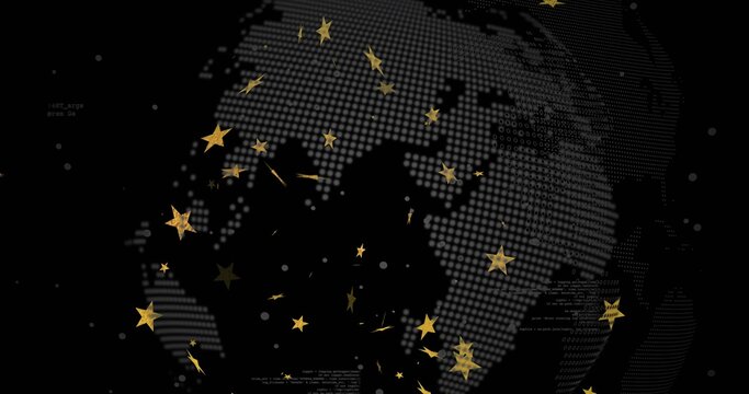 Naklejki Displaying dotted globe silhouette floating on dark grid, featuring gold stars and code fragments