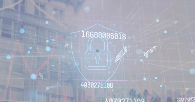 Floating digital shield protecting urban street, with padlock icon and floating numeric codes