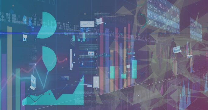 Displaying dashboard showing bar and pie charts, line graphs, data panels, mesh over gradient