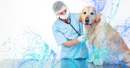 Examining vet in scrubs placing stethoscope on golden retriever on exam table, with blue particles
