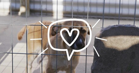 Standing light brown dog with black muzzle in outdoor kennel, with boulder and white speech bubble