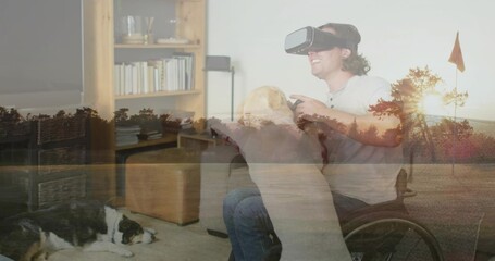 Man in wheelchair using VR headset and controller in living room, dogs, forest overlay, copy space