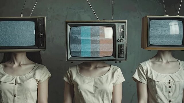 Three Figures with Vintage TVs Displaying Static and Color Bars as Heads.