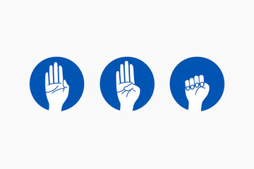 Three white hand symbols in front of blue circles depicting open palm, fist and closed hand gestures. The design is clean and modern. Concept of asking for help with hand signals.AI generated.