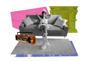 Composite art 3d creative image collage of happy pinup sexy girl wear pajamas sit coach listen...
