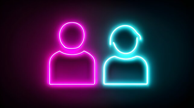 Two outline profile icons glow vividly with contrasting neon colors against a dark background