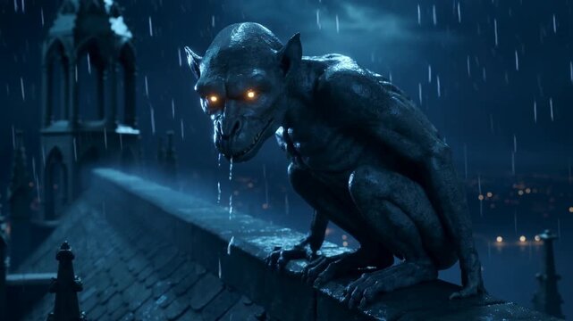 A creepy living stone gargoyle is moving its head, sitting on a castle at night during rain