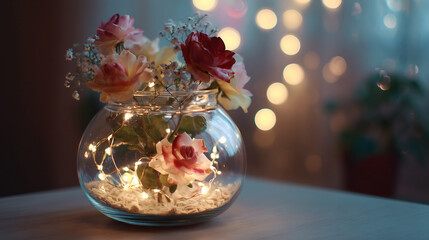 Still life of roses in a glass bowl with fairy lights on a table against a bokeh background
