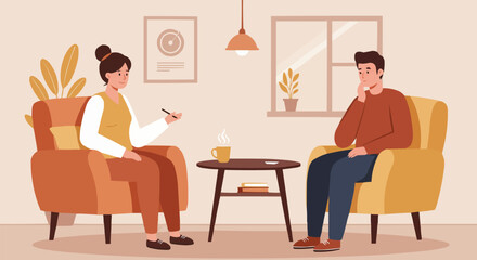 Counseling scene with therapist and client sitting in cozy office — great for healthcare, psychology, and wellness visuals.