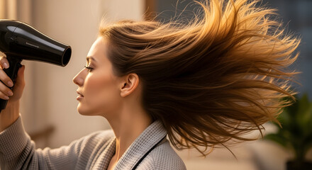 Fototapeta premium Woman drying her hair with a hairdryer, hair blowing in the wind