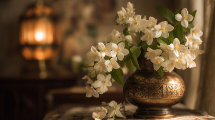 White jasmine flowers in a bronze vase with an ornate lamp in the background creating a warm atmosphere © Sawera