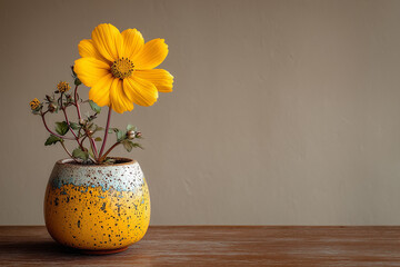 yellow flower on pastel background in a yellow and white cute plant pot