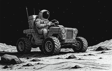 Black and white dotwork vector illustration of an astronaut driving a space rover across an alien landscape. Hand-drawn stippling style cosmic exploration artwork in monochrome.