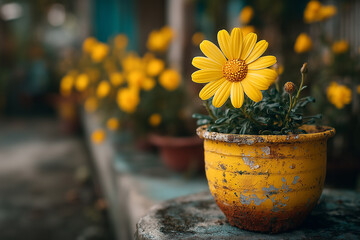 yellow flower on pastel background in a grunge yellow cute plant pot