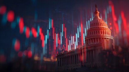 Large domed government building superimposed with a red and blue financial market chart