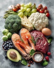 Flat lay of grocery haul with fresh produce, proteins, and supplements, vibrant colors, fitness nutrition planning theme