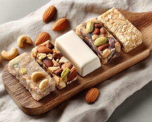 Wooden board with assorted protein bars and nuts, soft neutral tones, topdown view, nutritious snack idea concept