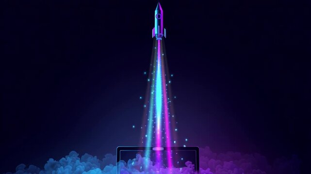 Futuristic rocket launching from a laptop, digital innovation and technology concept