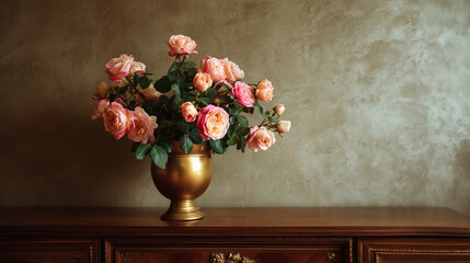 Still life of pink roses in a golden vase on a wooden dresser against a textured beige wall