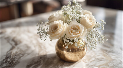 Roses and baby's breath in a gold vase on a marble surface creating a soft and elegant aesthetic