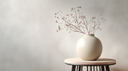 Still life of dried flowers in a vase on a small round table against a neutral colored wall