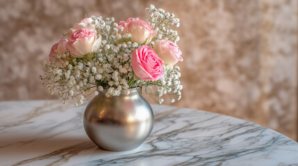 A silver vase with pink roses and baby's breath on a marble table in a brightly lit room decoratively