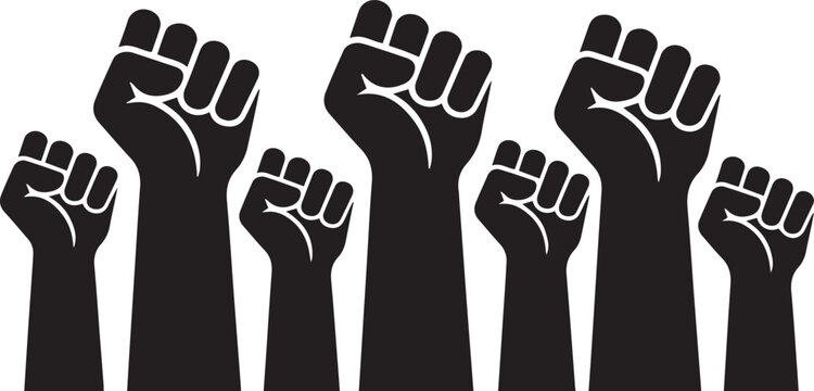 Illustration of Seven Black Fists Raised in Solidarity and Protest on White Background